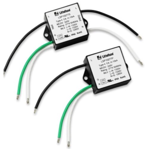 Littelfuse surge protection modules with pre-wired leads designed to protect electronic equipment from voltage spikes and transient surges in AC power systems.